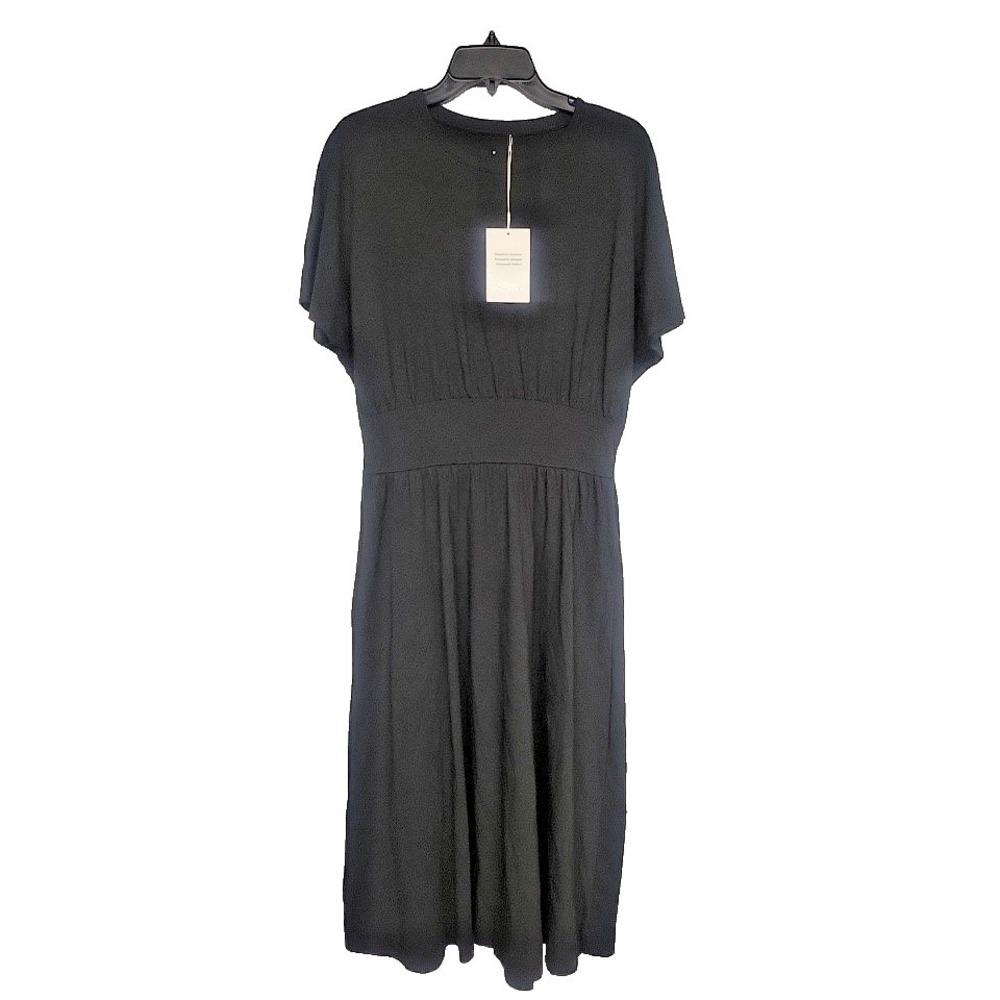 Everlane Size L The Organic Cotton Waisted Midi Short Sleeve Dress Black  NWT